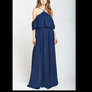 NWT Show Me Your Mumu Rebecca Ruffle Maxi Dress Rich Navy Crips Size Extra Small
